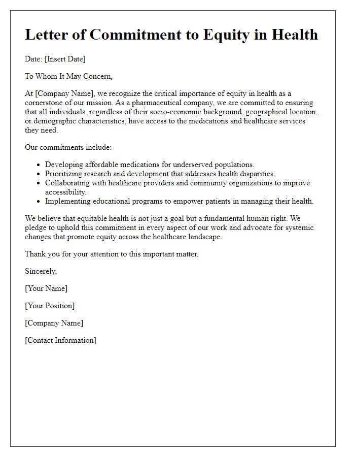 Letter template of pharmaceutical commitment to equity in health