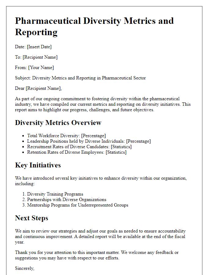 Letter template of pharmaceutical diversity metrics and reporting