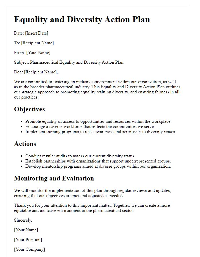 Letter template of pharmaceutical equality and diversity action plan