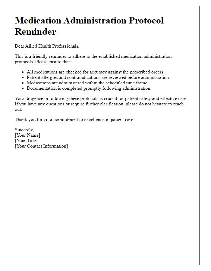 Letter template of medication administration protocol reminder for allied health professionals.