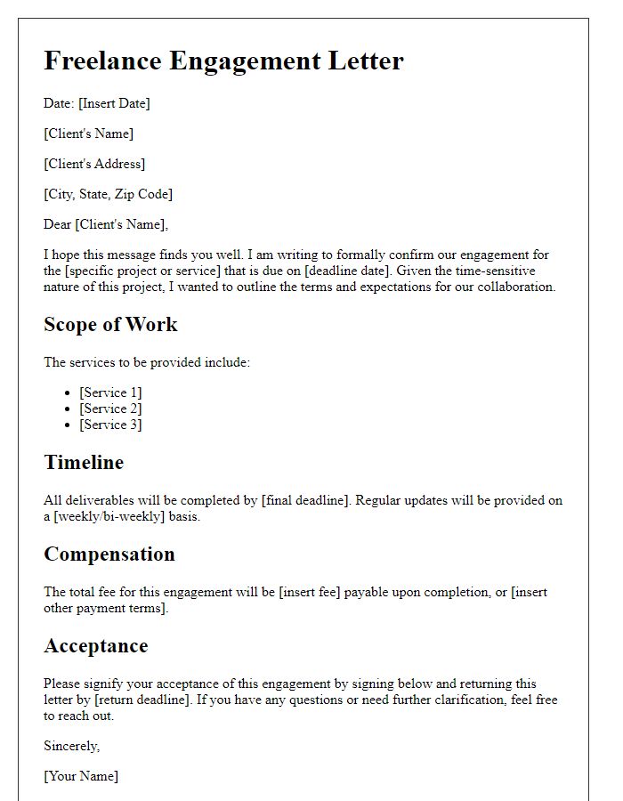 Letter template of time-sensitive freelance engagement
