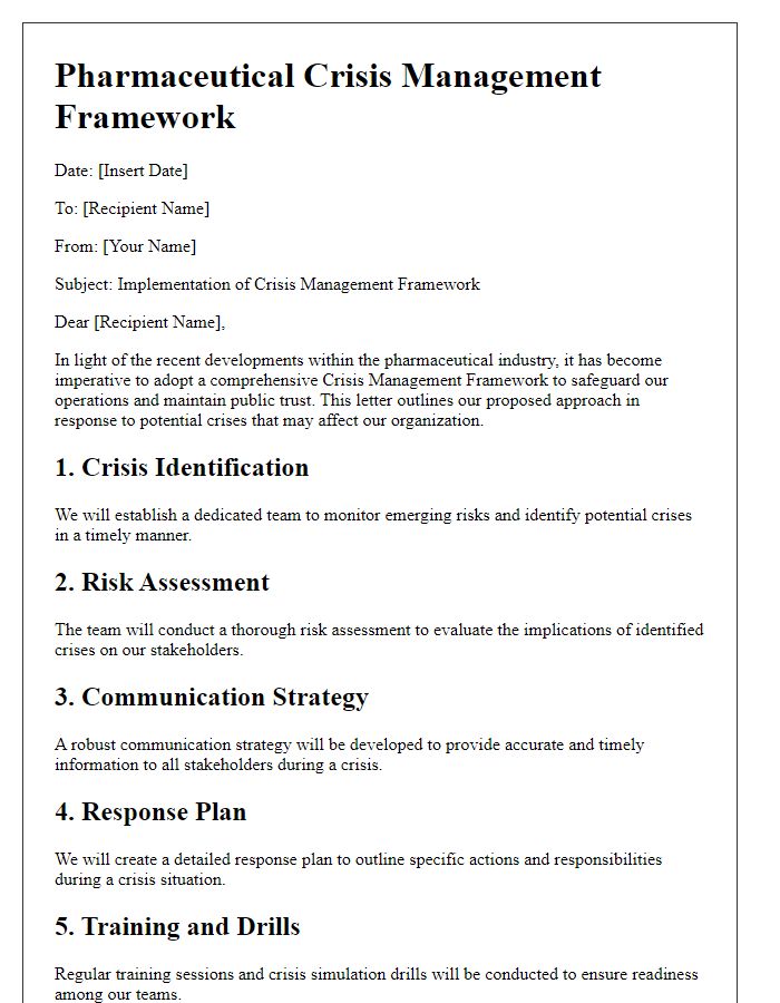 Letter template of pharmaceutical crisis management framework