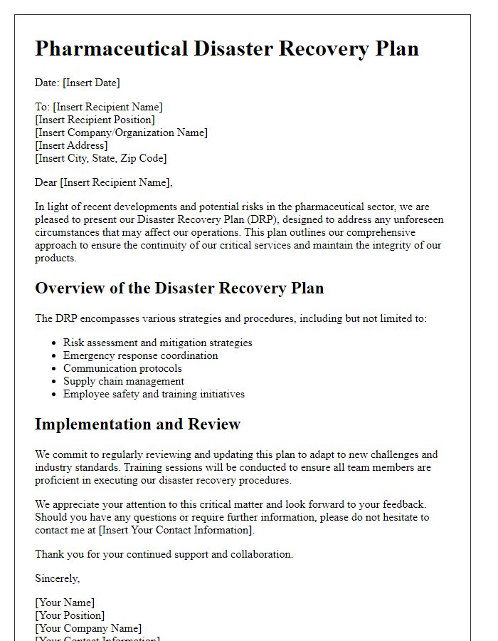 Letter template of pharmaceutical disaster recovery plan