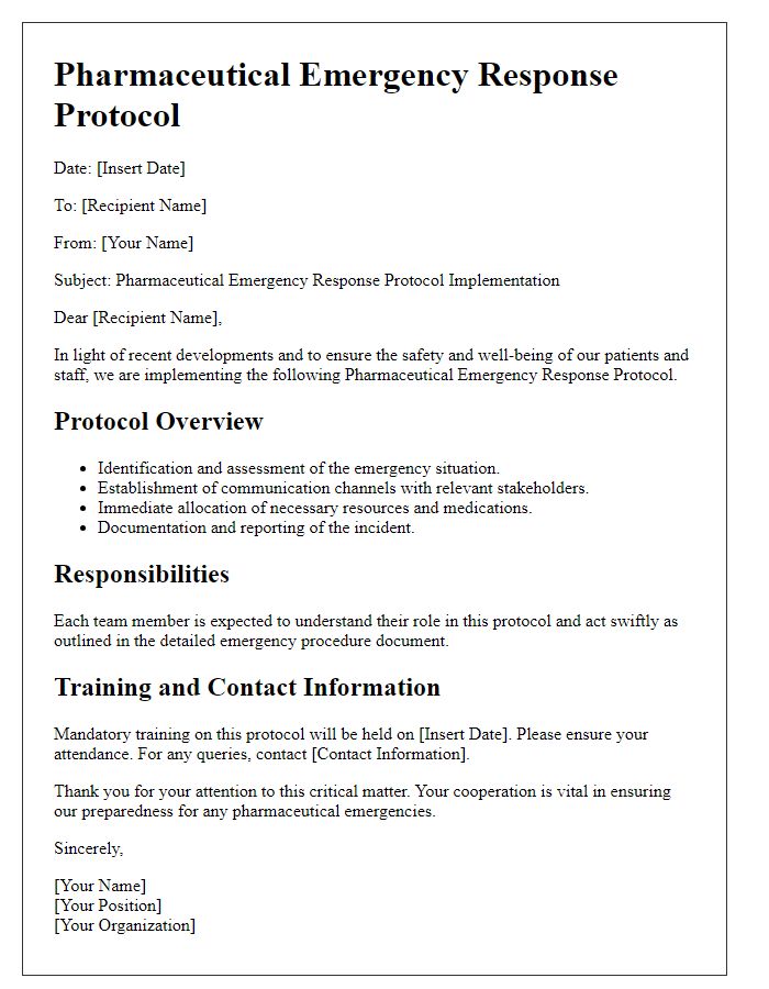 Letter template of pharmaceutical emergency response protocol