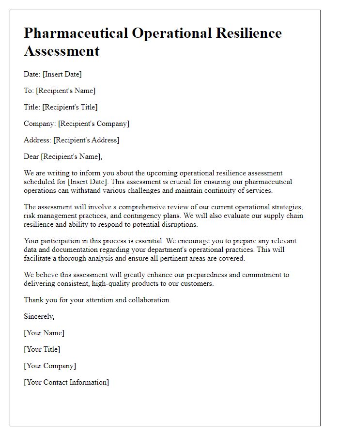 Letter template of pharmaceutical operational resilience assessment