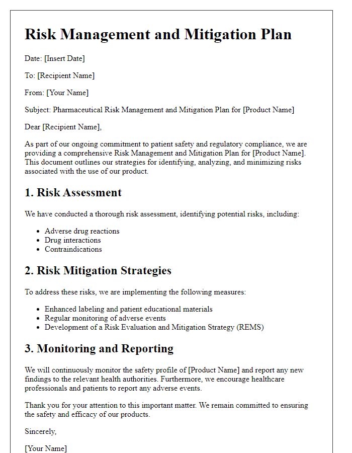 Letter template of pharmaceutical risk management and mitigation