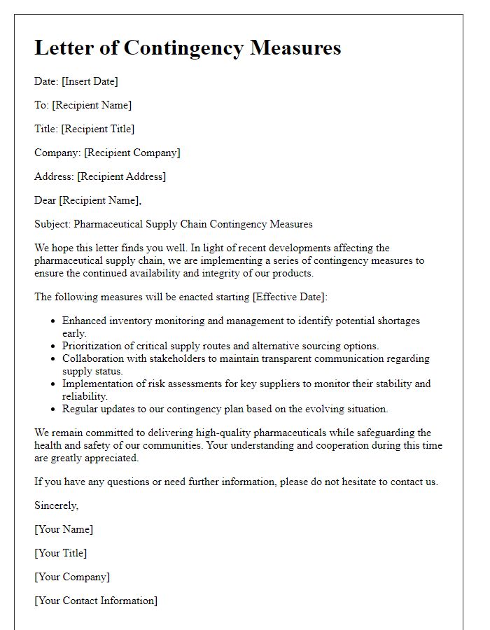 Letter template of pharmaceutical supply chain contingency measures