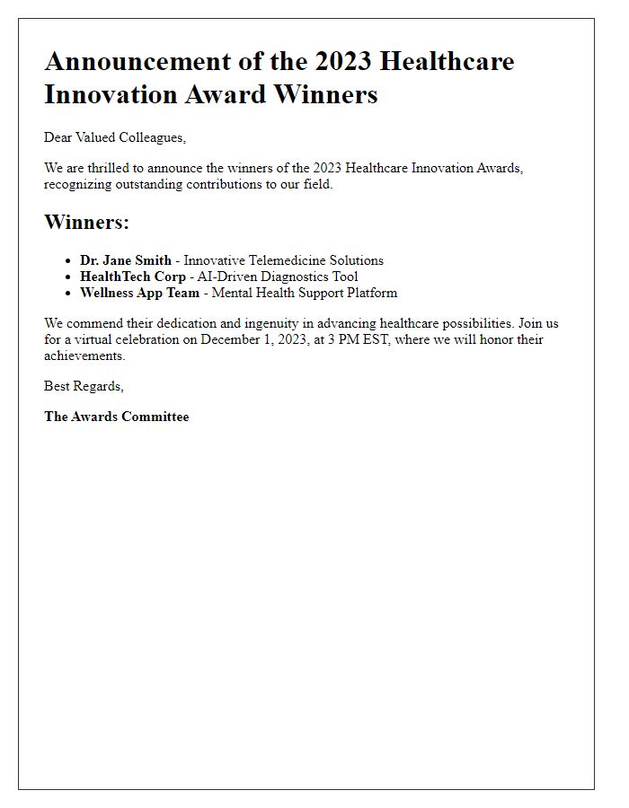 Letter template of announcement for healthcare innovation award winners.