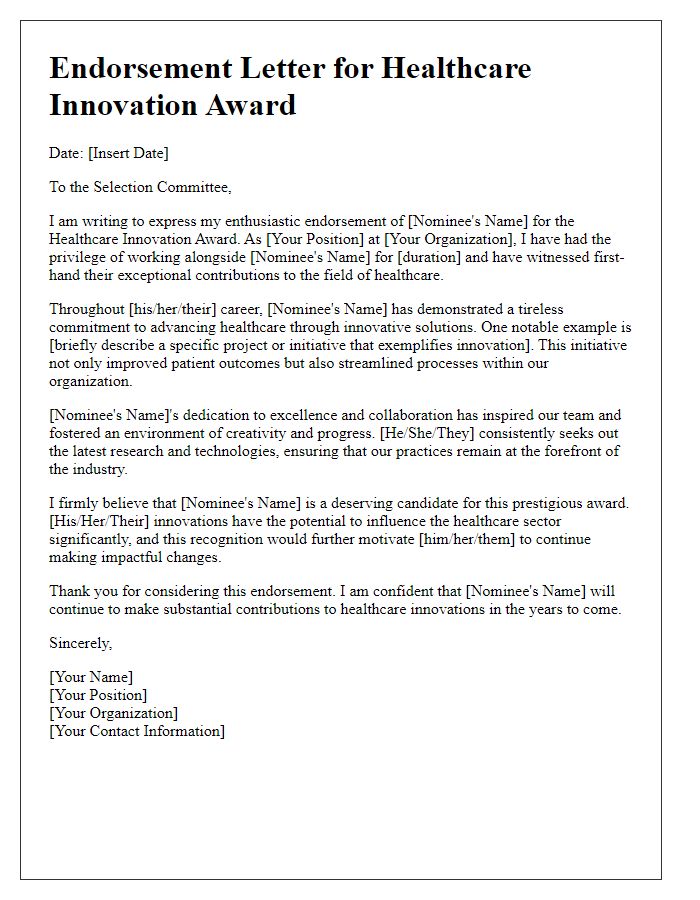 Letter template of endorsement for healthcare innovation award submissions.