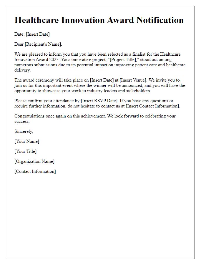 Letter template of notification for healthcare innovation award selection.