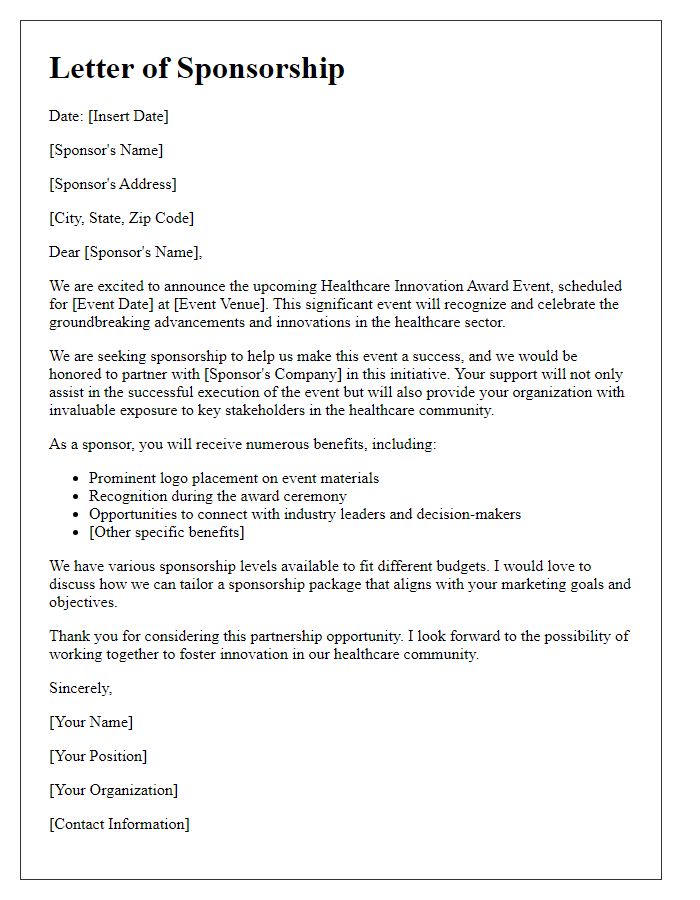 Letter template of sponsorship for healthcare innovation award event.