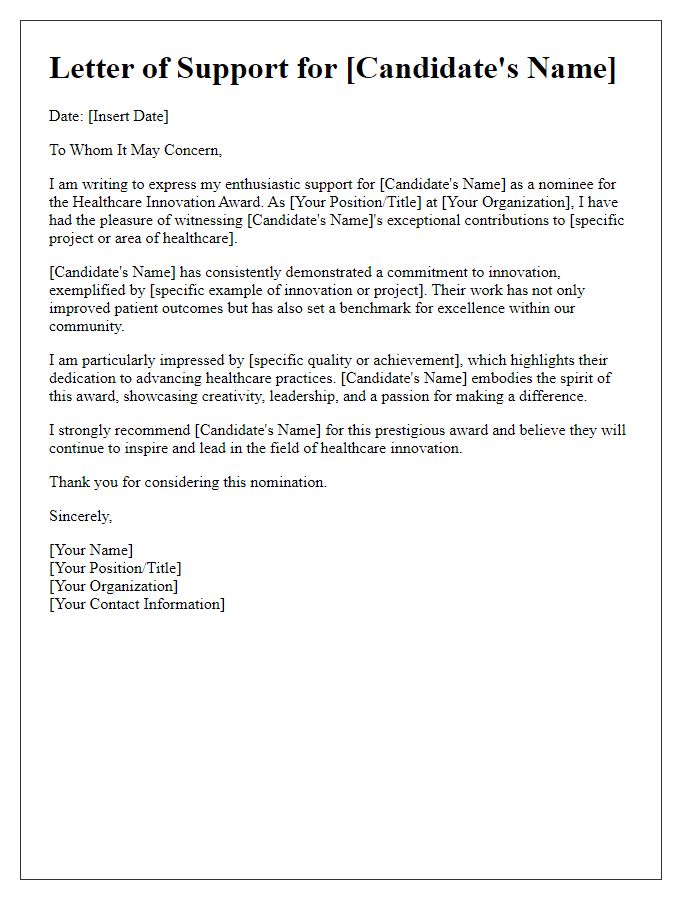 Letter template of support for healthcare innovation award candidates.