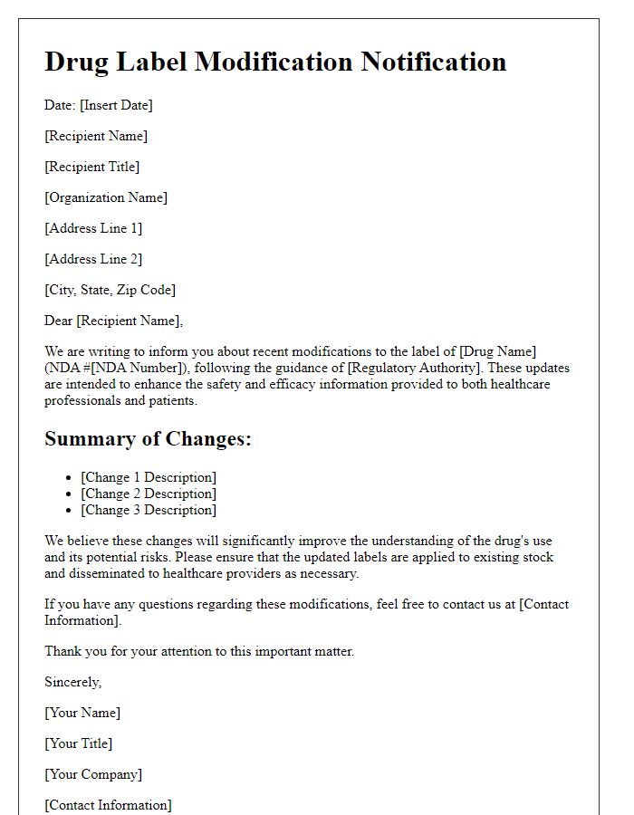 Letter template of drug label modification notification