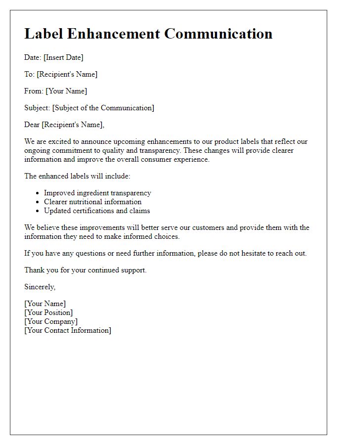 Letter template of label enhancement communication