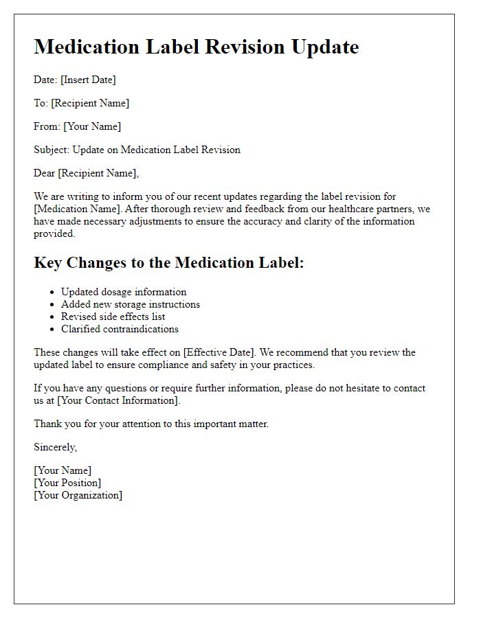 Letter template of medication label revision update