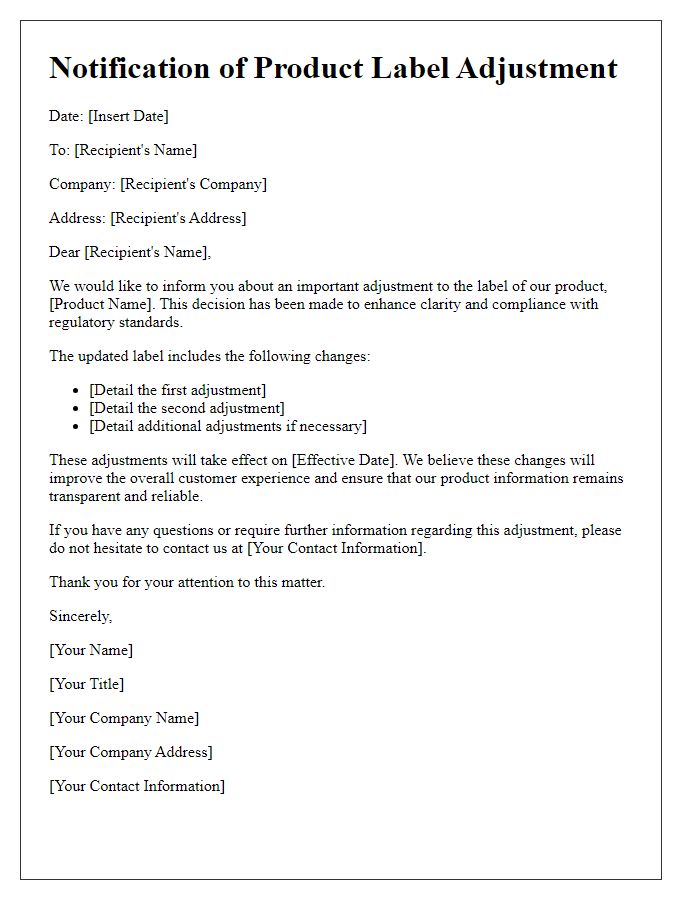 Letter template of product label adjustment notification