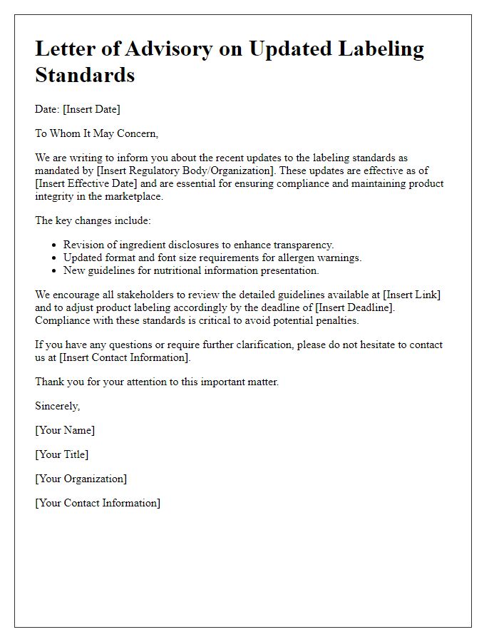 Letter template of updated labeling standards advisory