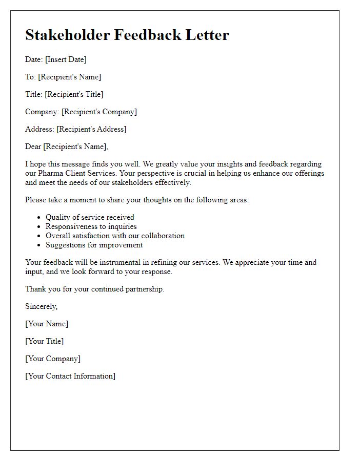 Letter template of Stakeholder Feedback for Pharma Client Services