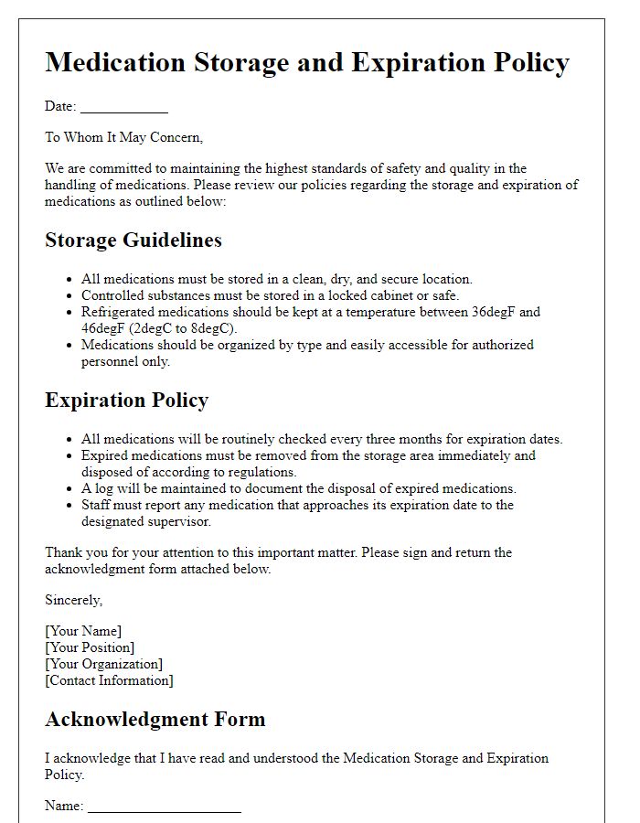 Letter template of medication storage and expiration policy