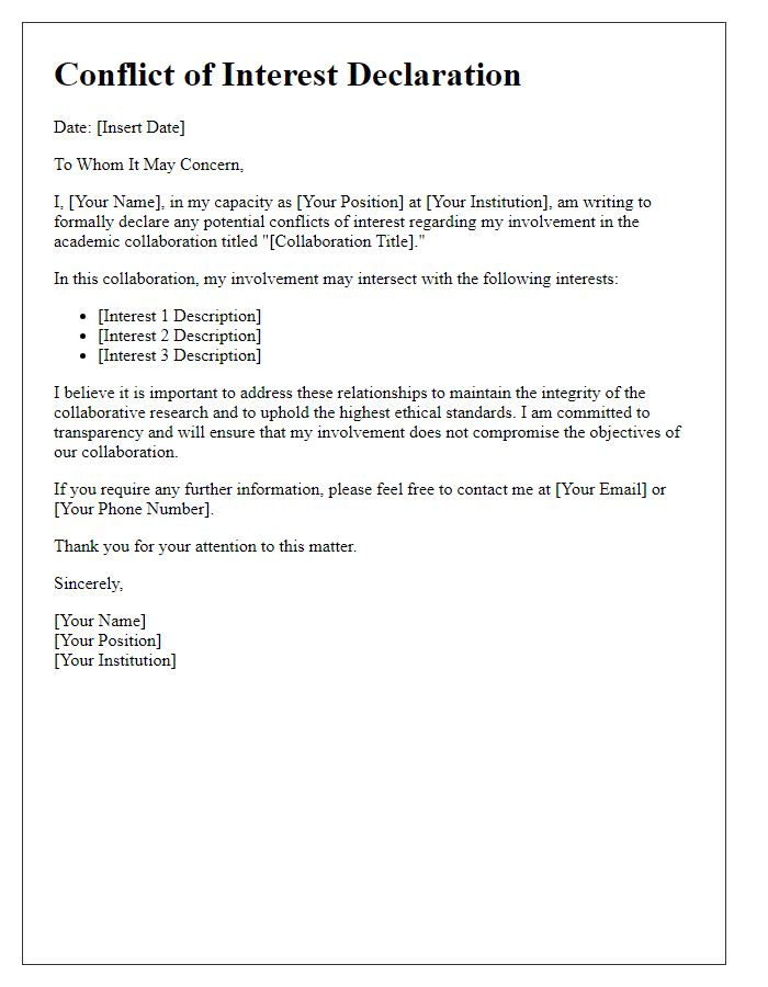 Letter template of academic collaboration conflict of interest declaration