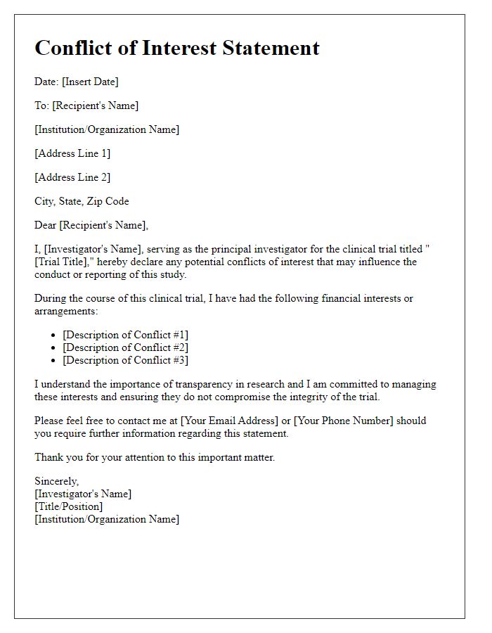 Letter template of clinical trial investigator conflict of interest statement