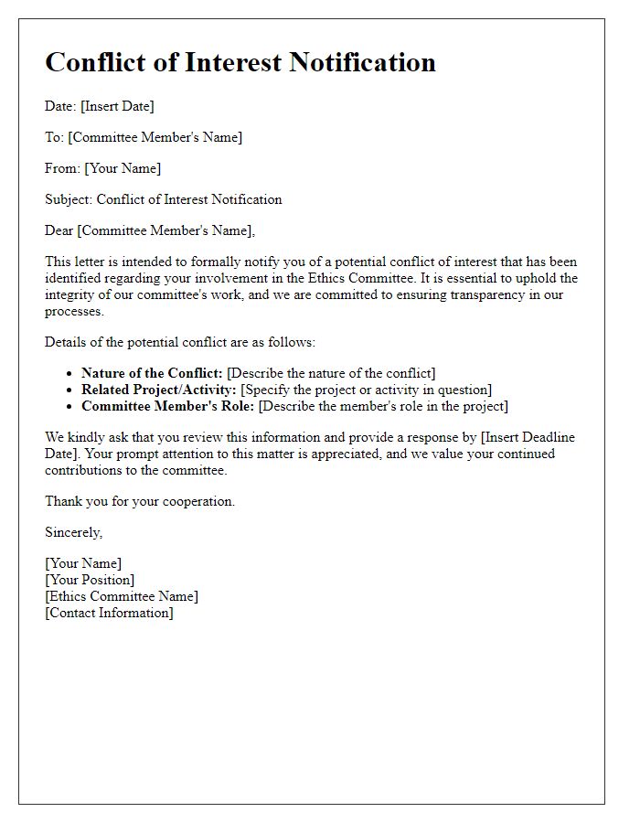 Letter template of ethics committee conflict of interest notification