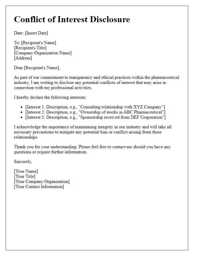 Letter template of pharmaceutical industry conflict of interest disclosure