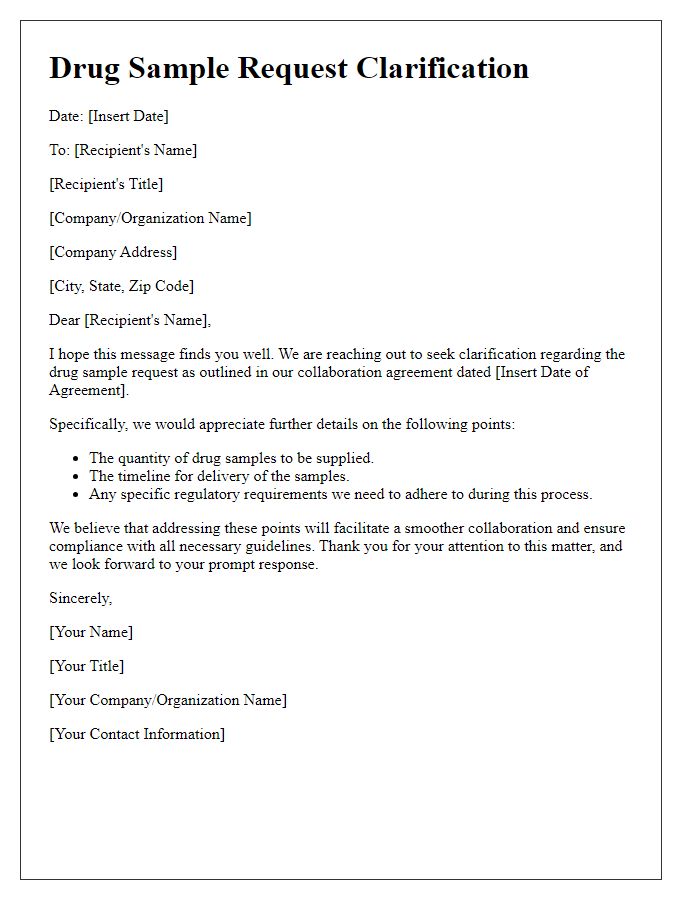 Letter template of drug sample request clarification for collaboration agreements