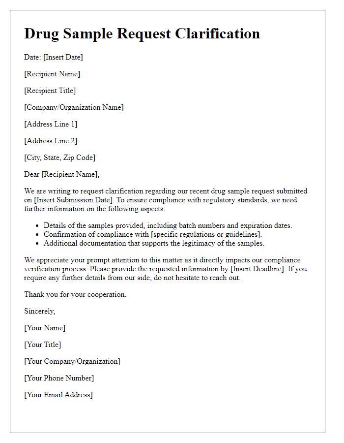 Letter template of drug sample request clarification for compliance verification