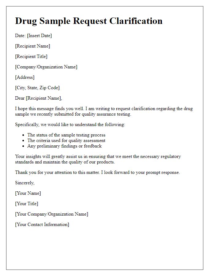 Letter template of drug sample request clarification for quality assurance