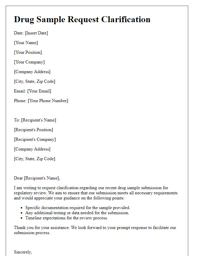 Letter template of drug sample request clarification for regulatory submission