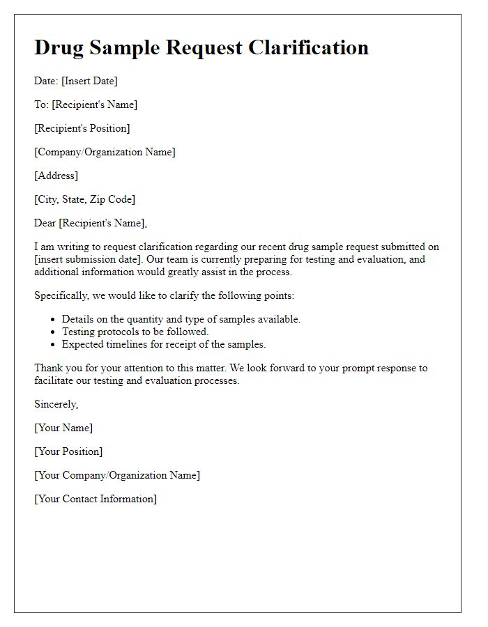 Letter template of drug sample request clarification for testing and evaluation