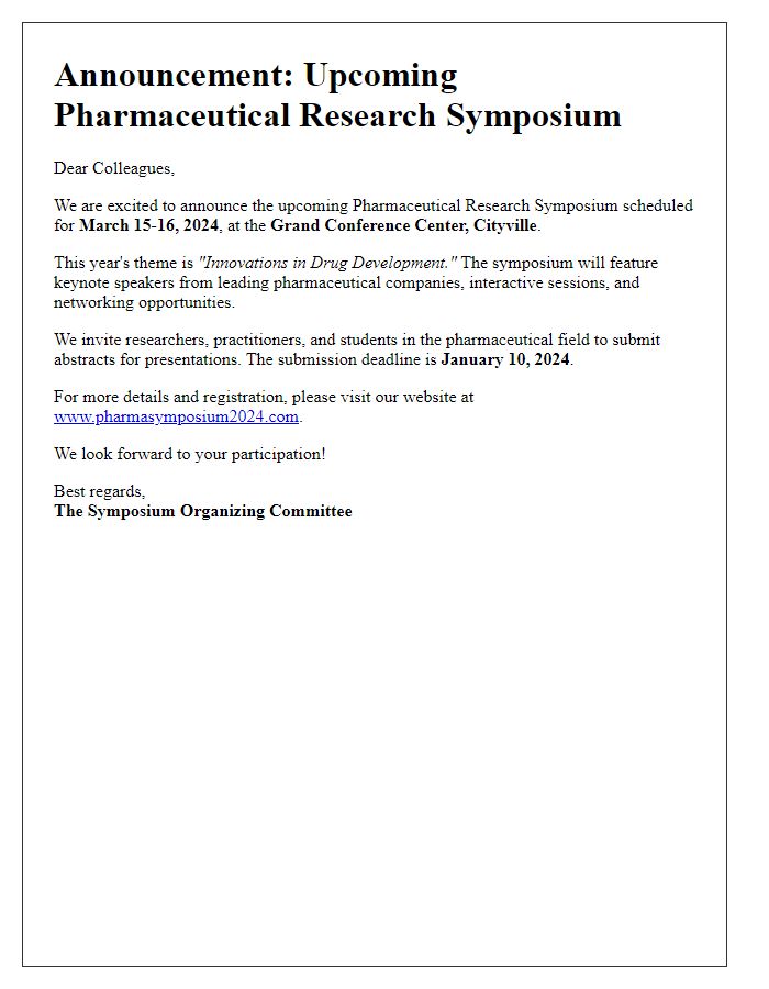 Letter template of announcement for upcoming pharmaceutical research symposium