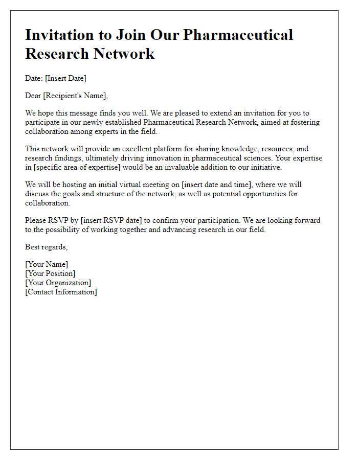 Letter template of invitation for pharmaceutical research network participation