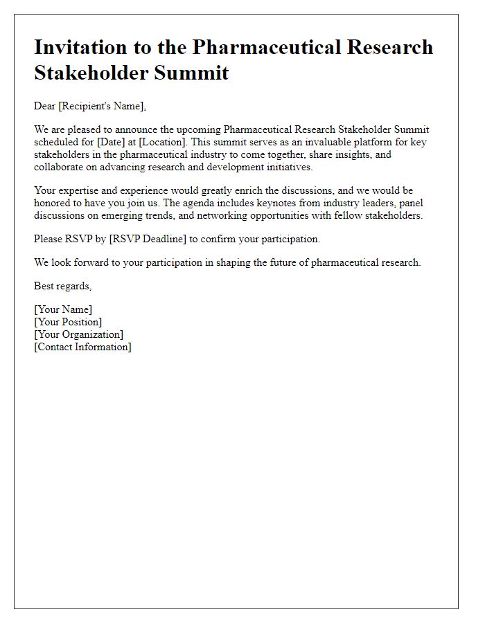 Letter template of outreach for pharmaceutical research stakeholder summit