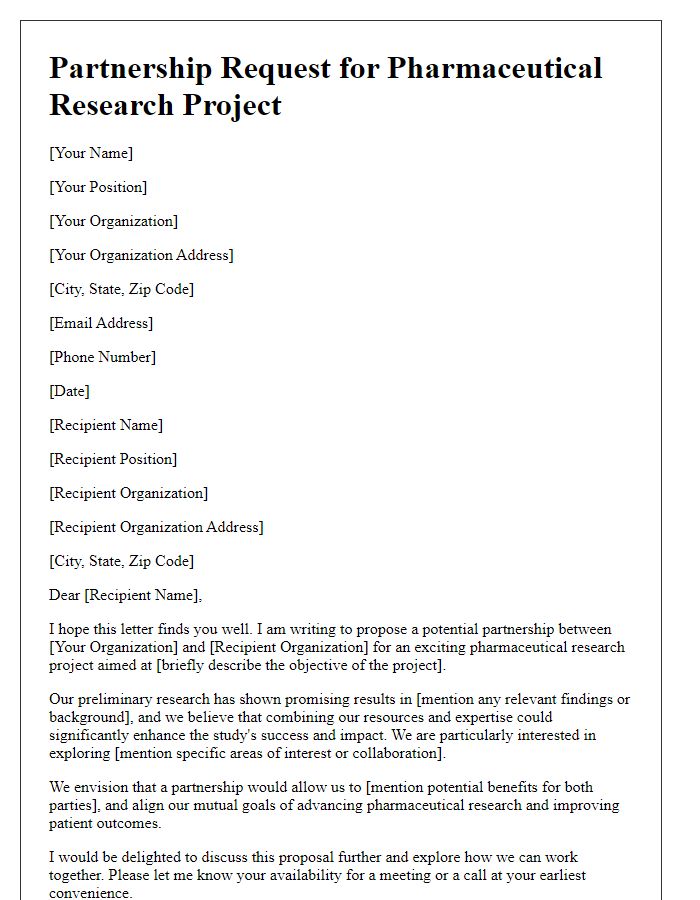 Letter template of partnership request for pharmaceutical research project