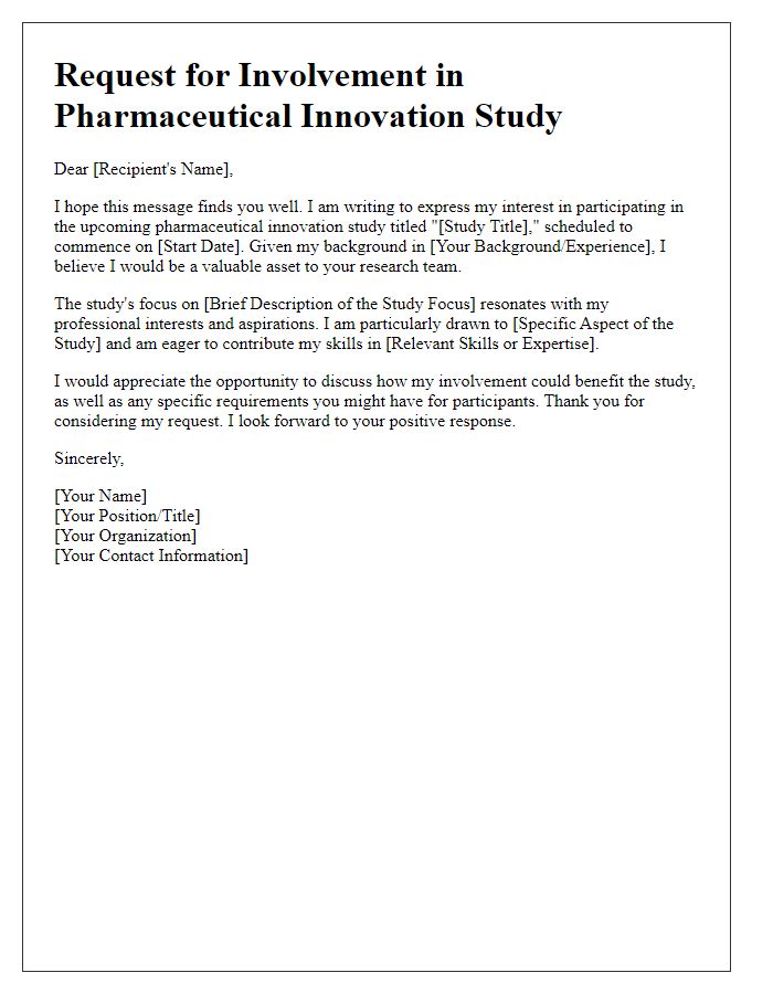 Letter template of request for involvement in pharmaceutical innovation study