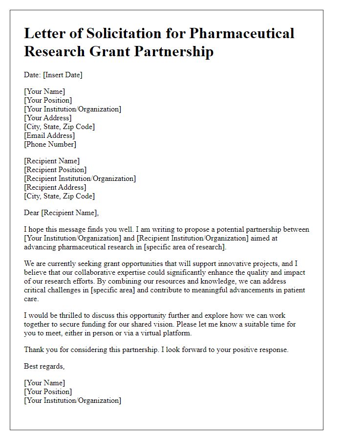 Letter template of solicitation for pharmaceutical research grant partnership