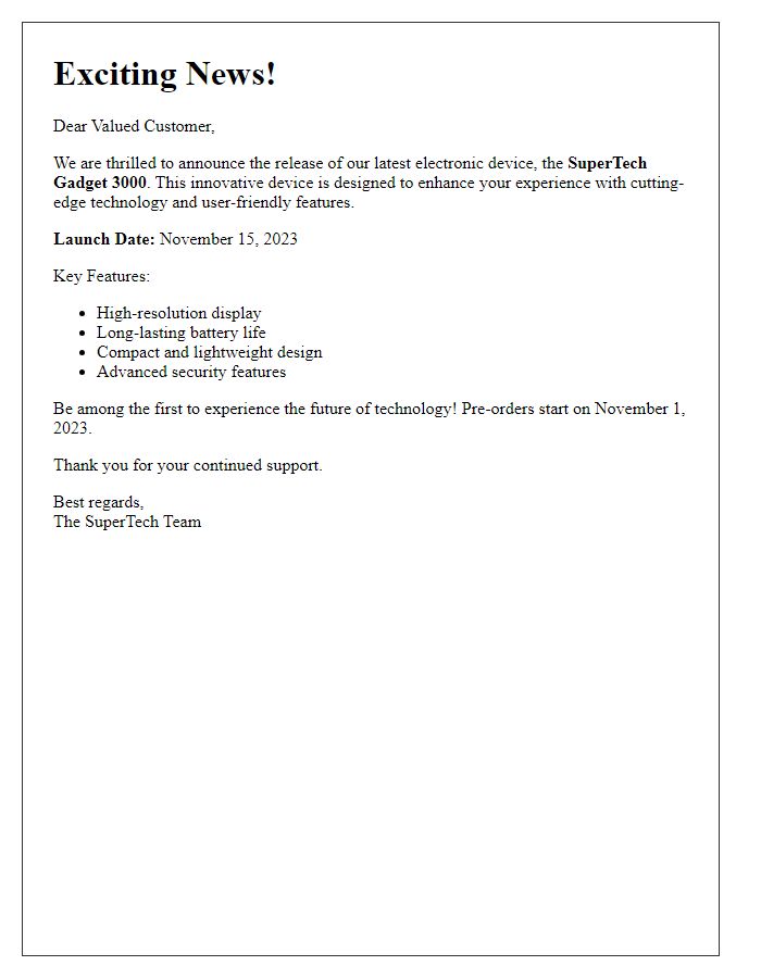Letter template of new electronic device release alert