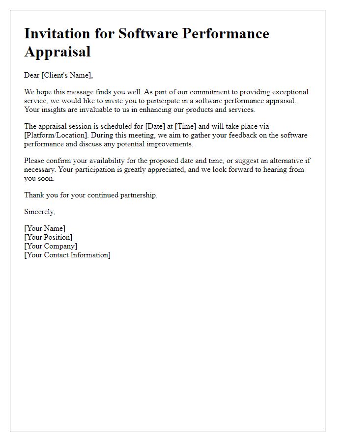 Letter template of client appraisal invitation for software performance.