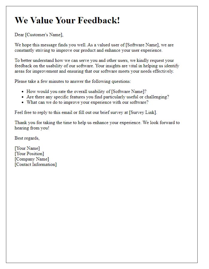 Letter template of customer opinions request on software usability.
