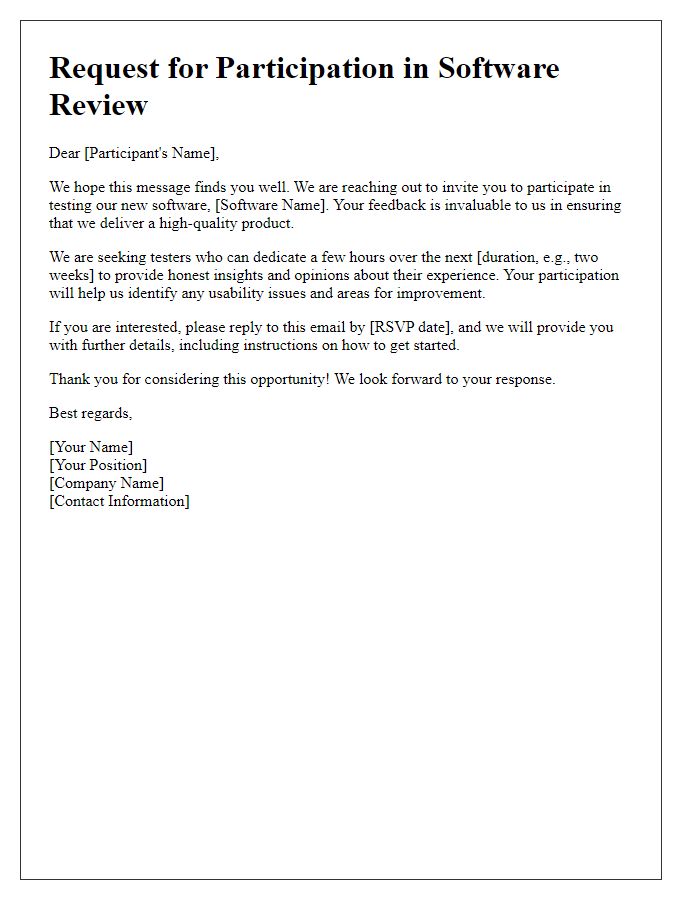 Letter template of software review request for testing participants.