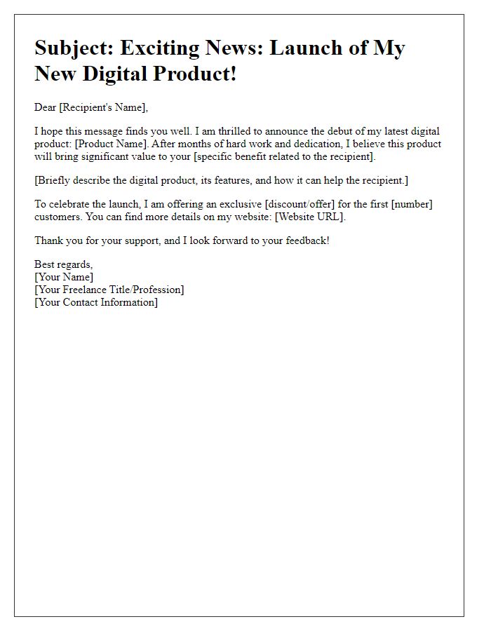 Letter template of freelance digital product debut correspondence