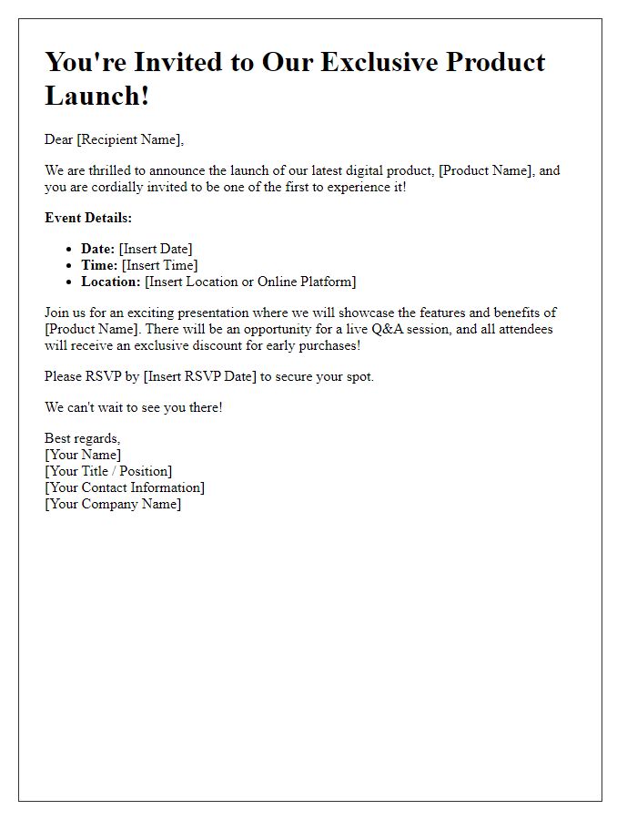 Letter template of freelance digital product launch invitation