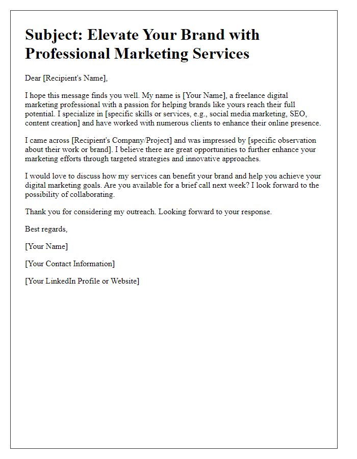 Letter template of freelance digital product marketing outreach