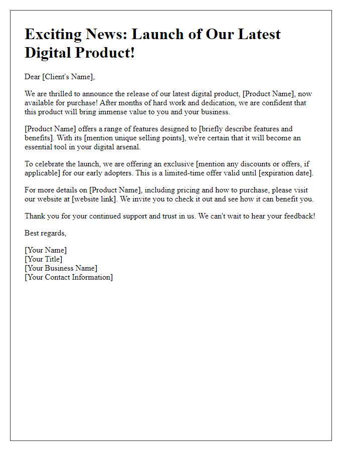 Letter template of freelance digital product release announcement