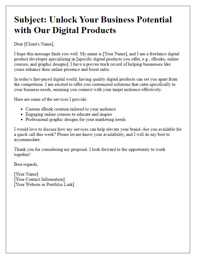 Letter template of freelance digital product sales pitch