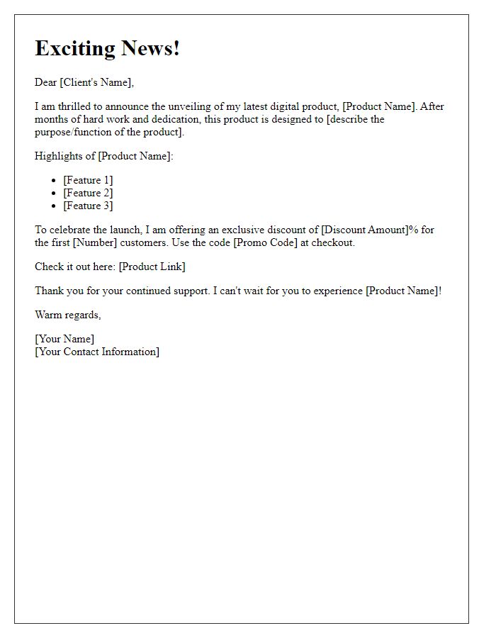 Letter template of freelance digital product unveiling message