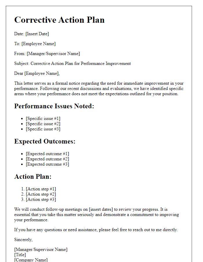 Letter template of corrective action plan for employee performance