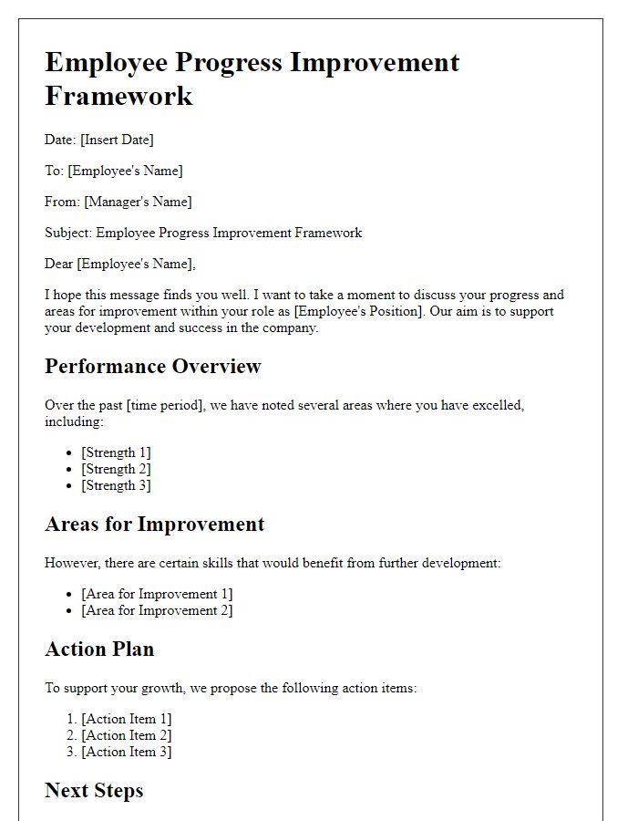 Letter template of employee progress improvement framework